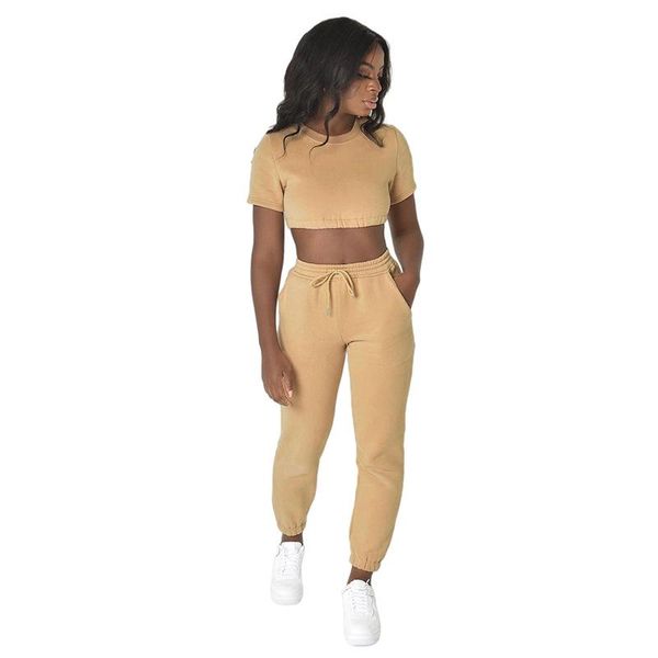 

women's two piece pants 2021 sports two-piece suit women loose crop short sleeve urban fitness running excise for home & outdoor, White