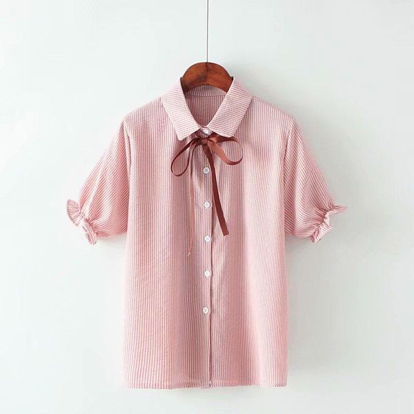 

korean sweet summer blouse shirts women casual loose lace-up bow short butterfly sleeve female all match striped blusas women's blouses, White