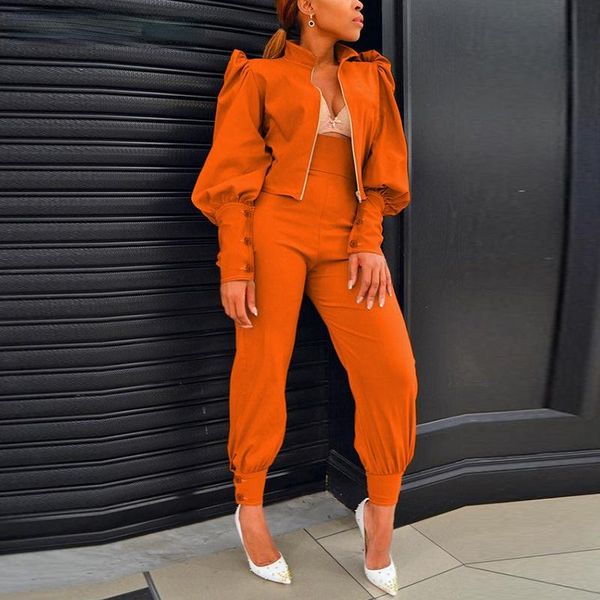 

women's two piece pants 2021 matching sets women fall tracksuit lantern sleeve zip up jacket & slim set, White
