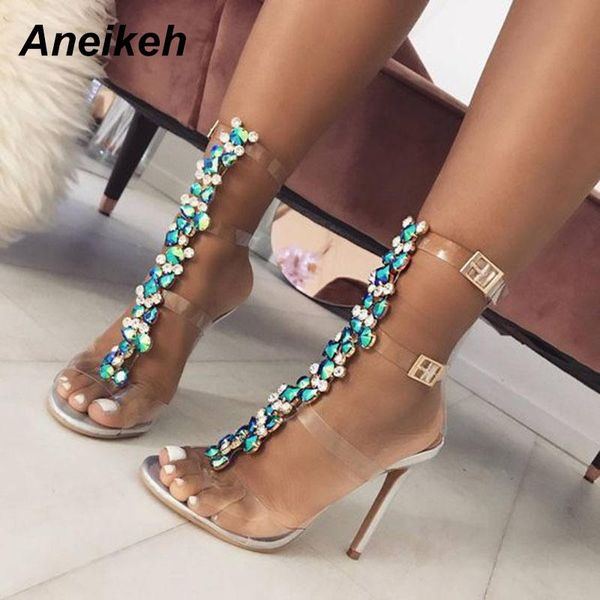 

aneikeh summer pvc sandals women buckle strap luxurious blue crystal chain transparent high heel open toe sandal shoes, Black