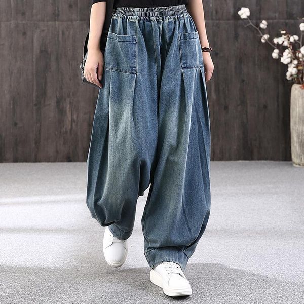 

autumn loose knee length spring womens jeans denim casual cross pants vintage lantern trousers bloomers, Blue