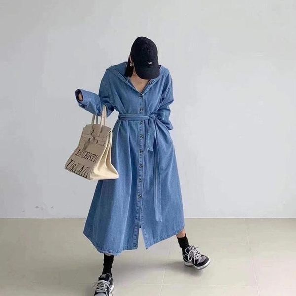 

casual dresses gruiiceen fashion brand denim woman dress 2021 autumn single breasted with belt hooded long slim you988, Black;gray