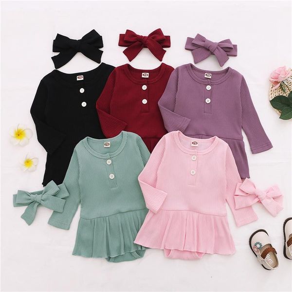 

clothing sets girl's solid color romper dress set long sleeve skirt hem triangle crotch knitted with bow headband, White