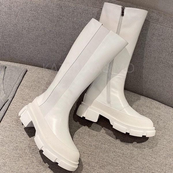 

boots ladies mid calf knee high women quality black white chunky heel fashion shoes woman design