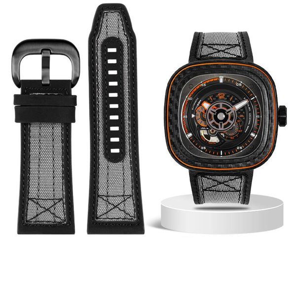 

watch bands for seven on friday strap series p3c/04 09 mechanical canvas leather 28mmwaterproof wrist band bracelet belt, Black;brown