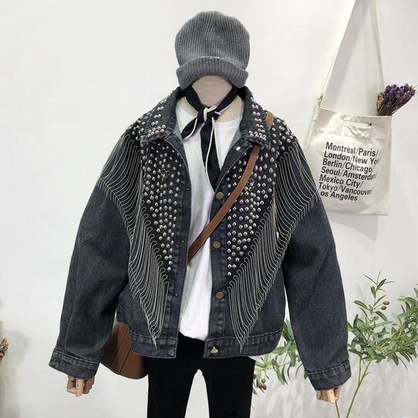 

women's jackets 2021 autumn streetwear denim jacket women hand-studded rivet tassel chain short jeans loose black mujer fashion coat, Black;brown