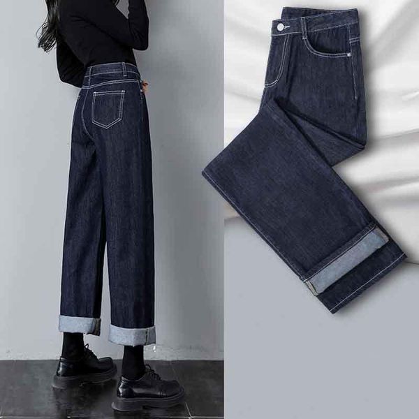 

women's pants & capris wide straight jeans for women autumn 2021 ninth long x-long floor-length dark blue black loose trousers street g, Black;white