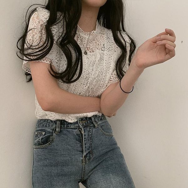 

women's blouses & shirts korean style all-match short-sleeved shirt method girl age reduction lace hook flower hollowing carefully mach, White