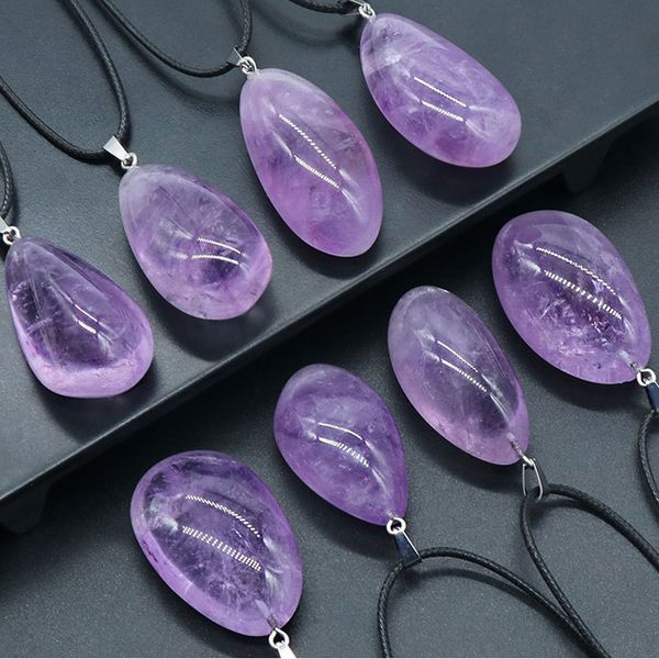 

irregular natural purple crystal stone pendant necklaces with rope chain for women girl party club energy jewelry, Silver