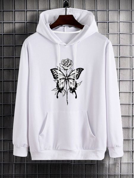 

men floral & butterfly print drawstring hoodie 38ig#, Black