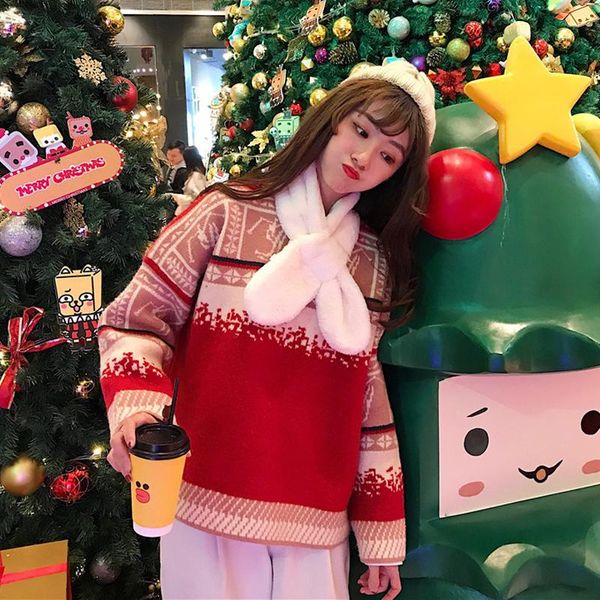 

women's sweaters autumn winter apparel loose knitted sweater women jumper long sleeve o-neck christmas printing harajuku oversize vinta, White;black