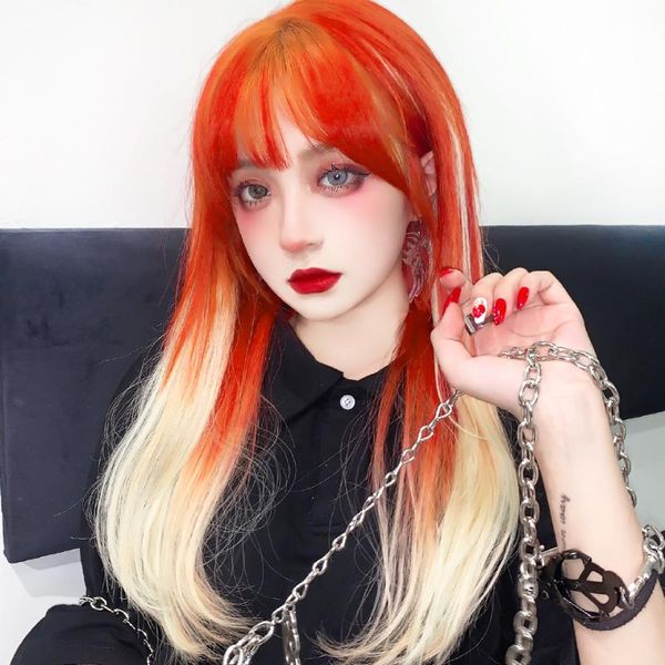 

synthetic wigs huaya cosplay orange wig long straight with bangs for women african american lolita female, Black