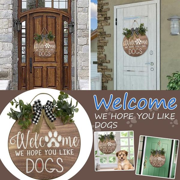 

decorative flowers & wreaths welcome sign wreath front door hanger with bow we hope you like dogs round outdoor vertical hanging decor
