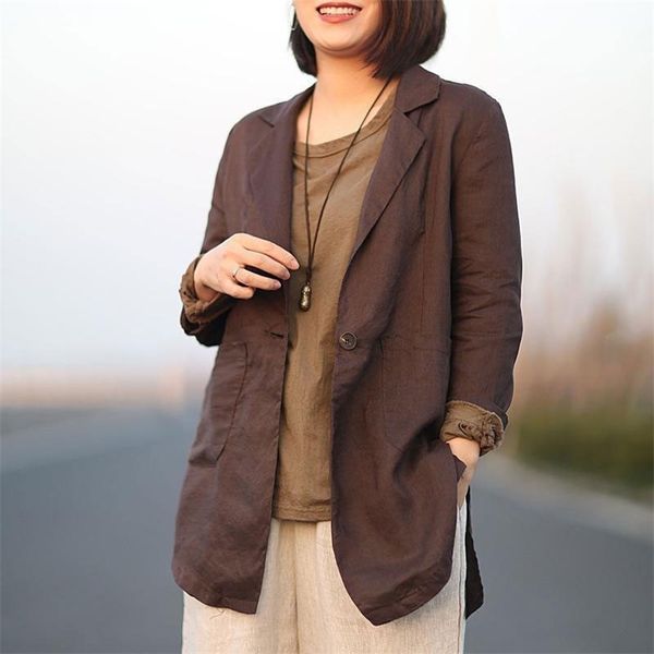 

spring arts style women long sleeve single button linen blazers double pocket casual blazer femme coat m281 210512, White;black