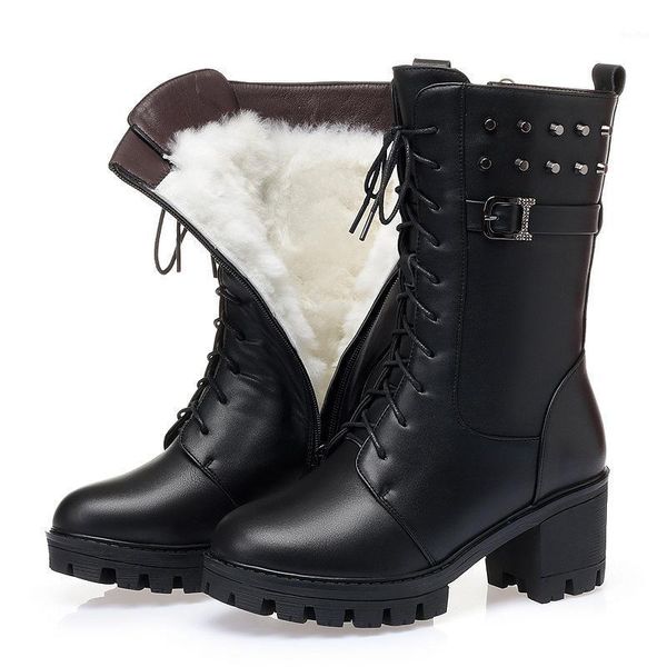 

boots dm743 winter genuine leathe women mid-calf platform boot wool and velvet woman botas muje1, Black