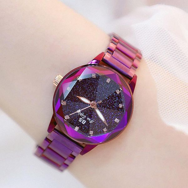 

wristwatches fashion stainless steel quartz watch starry sky dial crystal women shinning multi cutting surface mirror, Slivery;brown