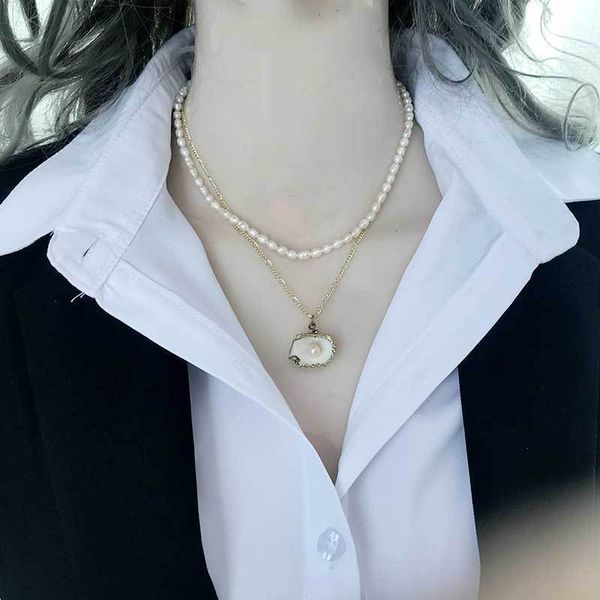 

design jewelry spring and summer new personalized fashion fresh water rice grain small pearl necklace double-layer baroque temperament neck, Black