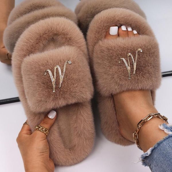 

slippers women faux fur slides designer letter m platform sandals fluffy flip flops fashion luxury casual shoes, Black