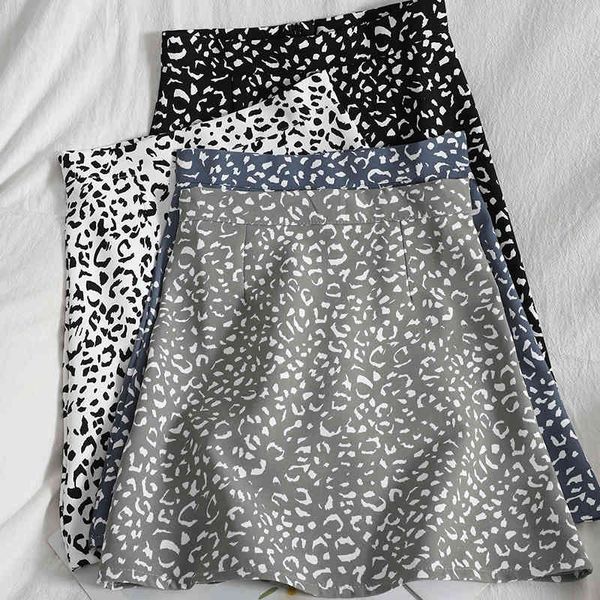 Moda a contrasto di colore con stampa leopardata A-line gonna corta femminile coreana mini selvaggia alta tendenza dell'anca del marsupio 210420