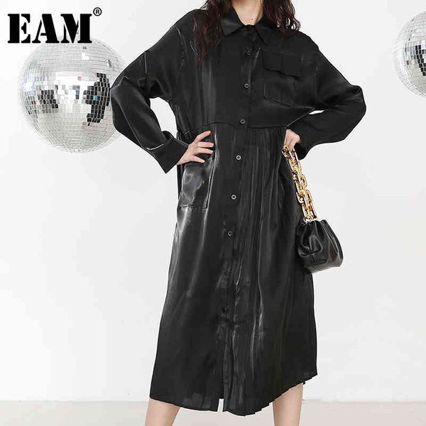 

[eam] women gray pocket pleated big size long shirt dress lapel long sleeve loose fit fashion spring autumn 1r16901 21512, Black;gray