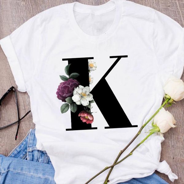

graphic letter k womens short sleeve flower clothes 90s floral clothing female tees print, White