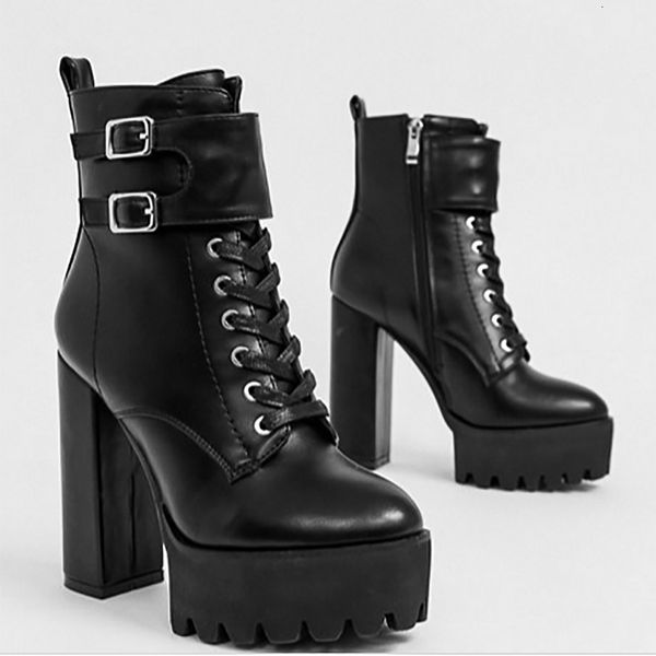 

boots perixir design fashion women ankle zipper lace-up style lady classical platform ladies chunky high heels shoes a6jm, Black