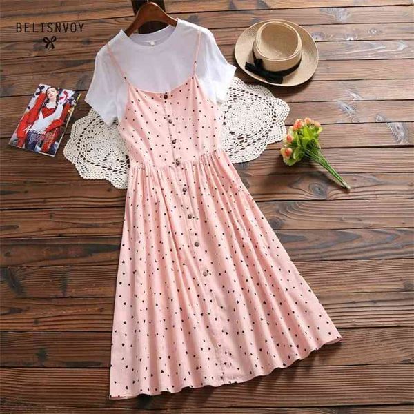 

mori girl summer women two pieces set dress elegant cute pink heart printed sweet cotton linen japanese style kawaii 210520, Black;gray