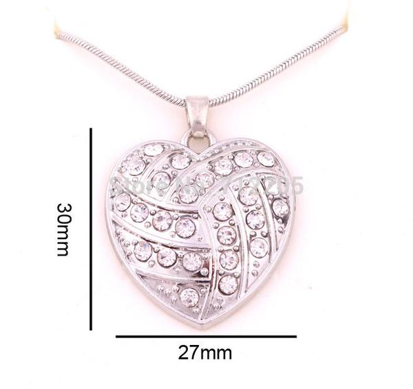 

sport jewelry rhodium plated big hearts volleyball with clear crystals snake chain necklace pendant necklaces, Silver