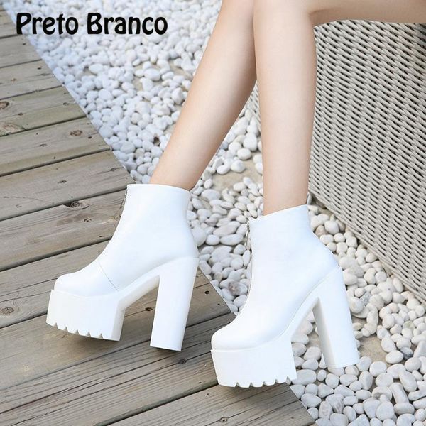 

boots preto branco 2021 14cm high heel boot pine cake water-proof platform zipper shoes women's show thick ankle zyw, Black