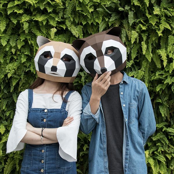 Mascote boneca traje de papel 3d molde animal raccoon urso cabeça máscara headgear halloween adereços mulher homens festa papel jogo vestir cima diy artesanato máscaras