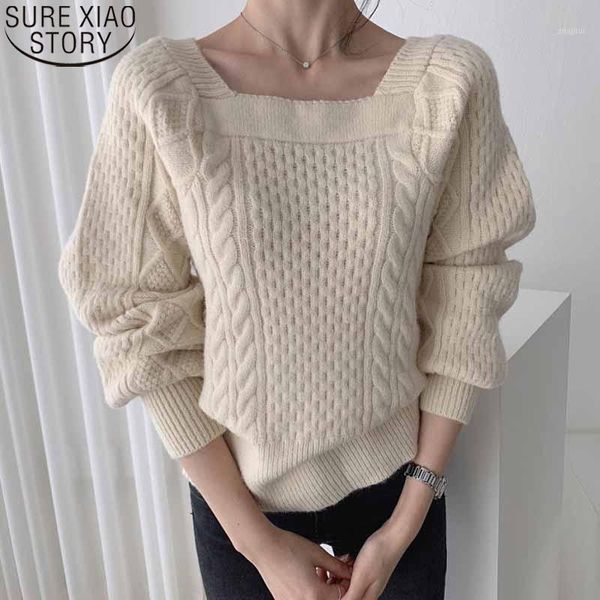 

women's sweaters fashion twist sweater pullover sweet square collar women 2021 winter clothes elegant solid loose knitted 11121, White;black
