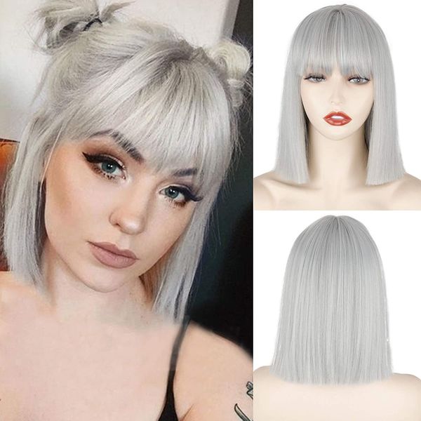 

synthetic bob wigs for women synthetic short bob wig with bangs 10-14 inch gray black pink color hair none lace frontal wigfactory direct