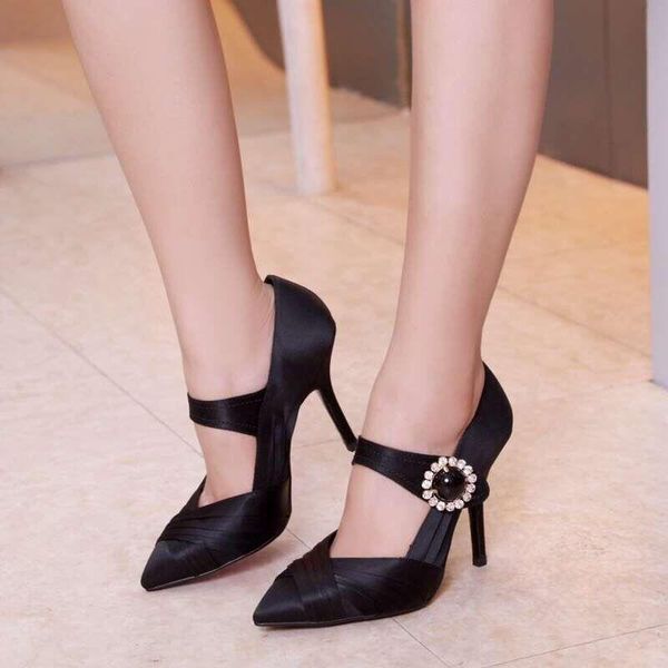 

dress shoes 2021 fashion crystal buckle women pumps high heels pleated silk ladies woman wedding hollow pointed toe, Black