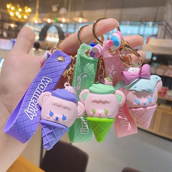 

2021 fashion keychain creative jimeng teddy ice cream series genuine cartoon car key chain for lovers cute bag pendant, Silver