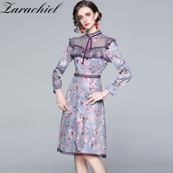 

fashion designer summer women bow mesh lace trims patchwork long sleeve ruffled floral print vintage midi dress 210416, Black;gray