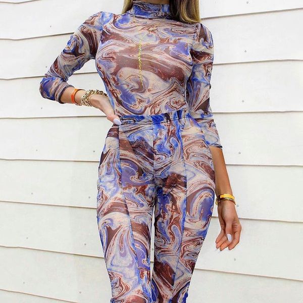 

women's t-shirt 2021 fashion marble printing mesh bodysuit, White