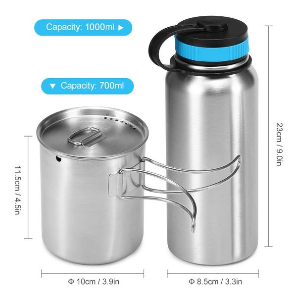 

1000ml vacuum insulated water bottle 700ml cup camping mug hanging pot for tableware outdoor hiking picnic