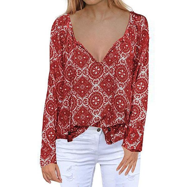 

women's blouses & shirts women style winter printed shirt v-neck long-sleeve blouse boho, White