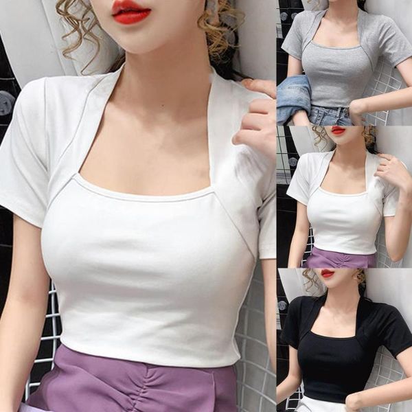 

women's t-shirt women square collar solid color summer short sleeve slim blouse for work, White