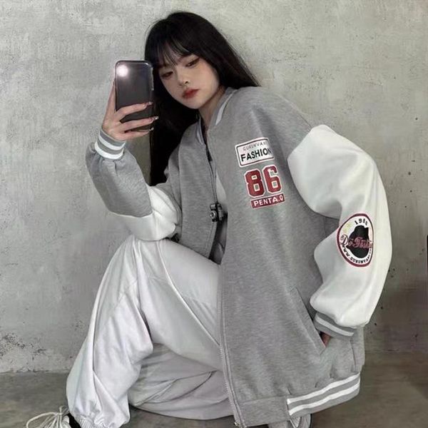 

women's jackets women print pattern baseball crew neck zipper patchwork uniform 2021 korean harajuku bf style loose coats, Black;brown