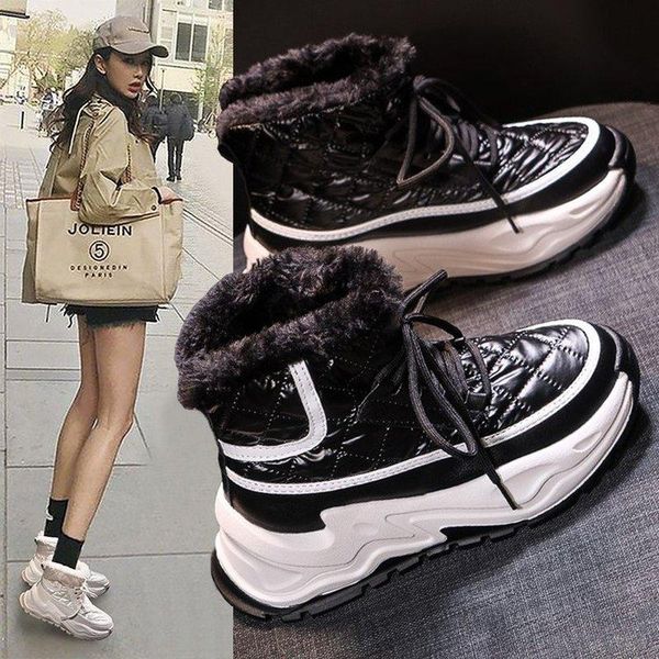 

boots 2021 winter ankle shoes woman warm female lace-up round toe snow botas mujer, Black