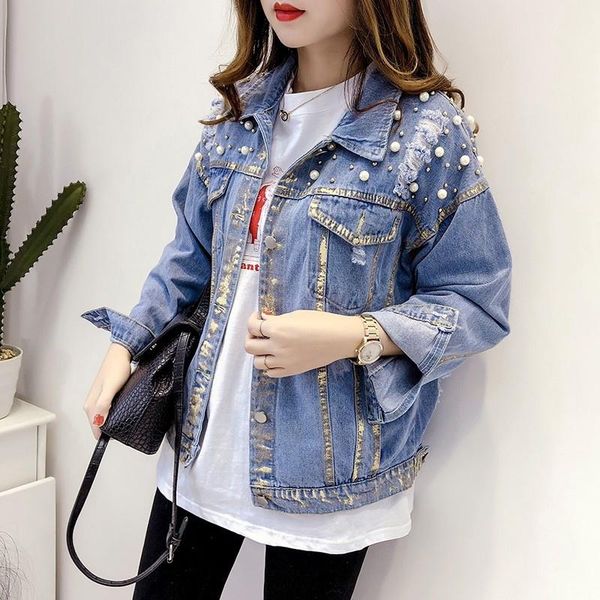 

women's jackets casual spring long sleeve single breasted womens denim korean vintage lapel embroidered flares hole ripped loose coats, Black;brown
