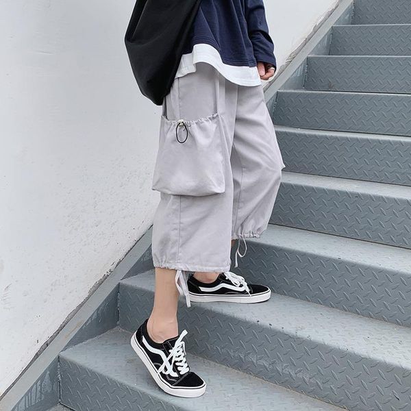 

men's pants summer casual shorts korean fashion loose oversized straight multi-pocket streetwear hip-hop calf-length hkxa, Black