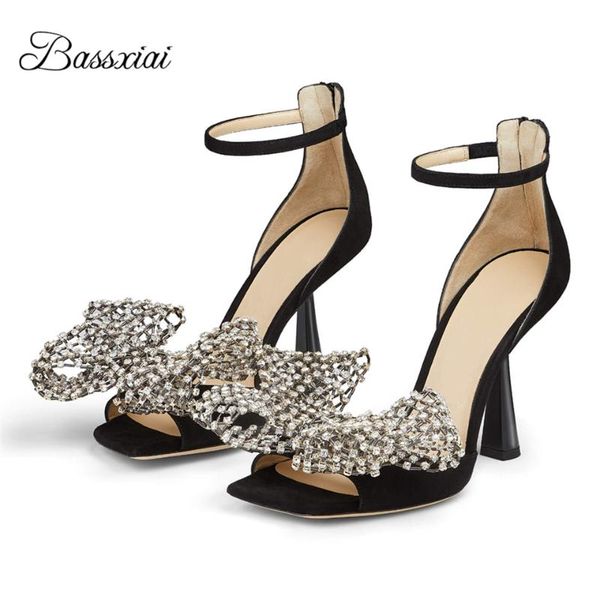

diamond netted butterfly-knot party sandals women unique high heel back zip luxury suede rhinestone summer sandalias dress shoes, Black