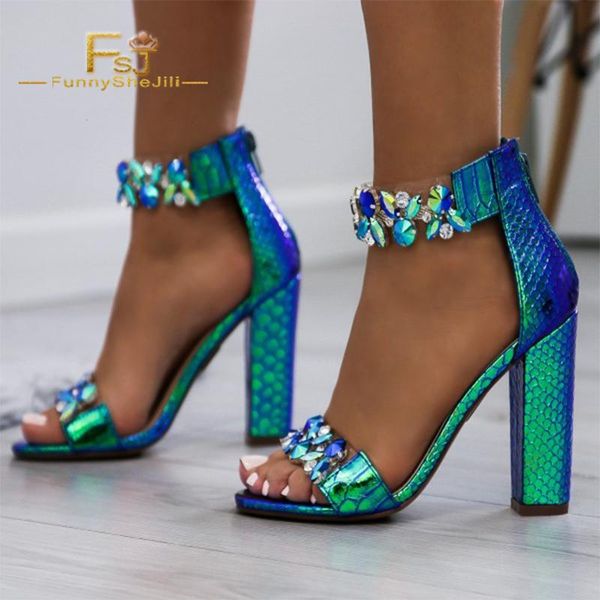 

dress shoes delicate handmade open toe chunky heels green python rhinestone ankle strap women sandals party women's for summer, Black