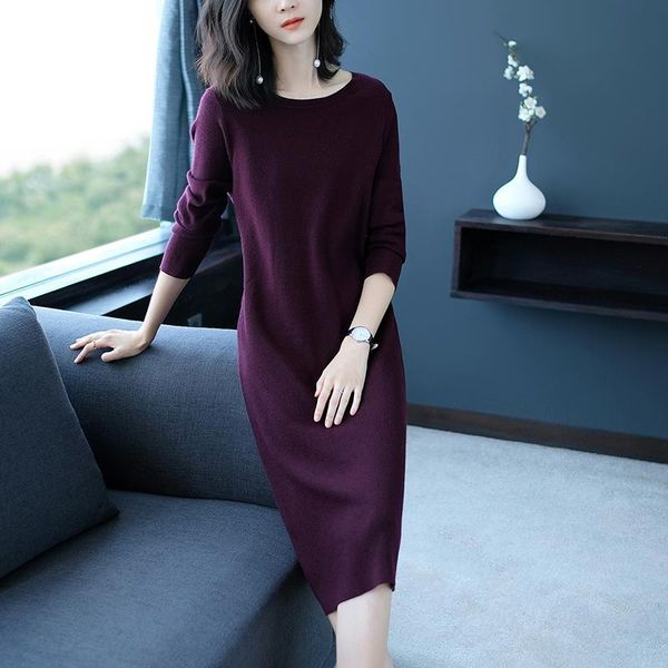 

casual dresses 2021 autumn winter solid knitted cashmere sweater women fashion o-neck pullover dress, Black;gray