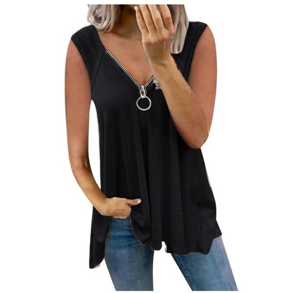 

women's blouses & shirts women sleeveless vest tank casual solid color deep v neck zipper blouse and summer blusas camisas clo, White