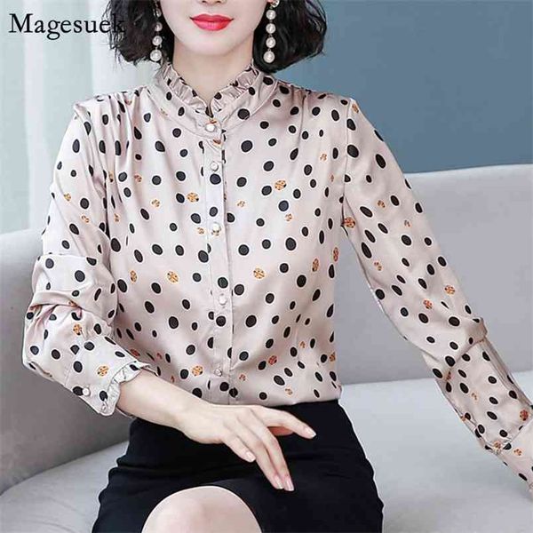 

autumn long sleeve cardigan women blouses ruffles polka dot satin ladies o-neck casual shirts camisas mujer 10886 210512, White