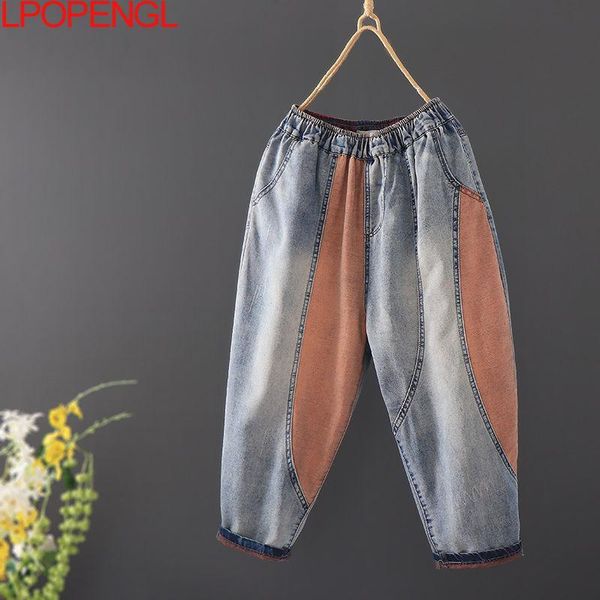 

women's jeans summer cotton stretch high waist 2021 casual fashion harajuku loose bf calf-length pants straight quality, Blue
