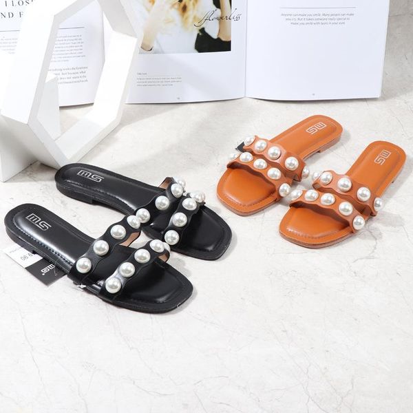 

slippers luxury pearl 2021 summer female brand plus size 40-41 flat casual sandal slides outdoor women's beach flip flops, Black